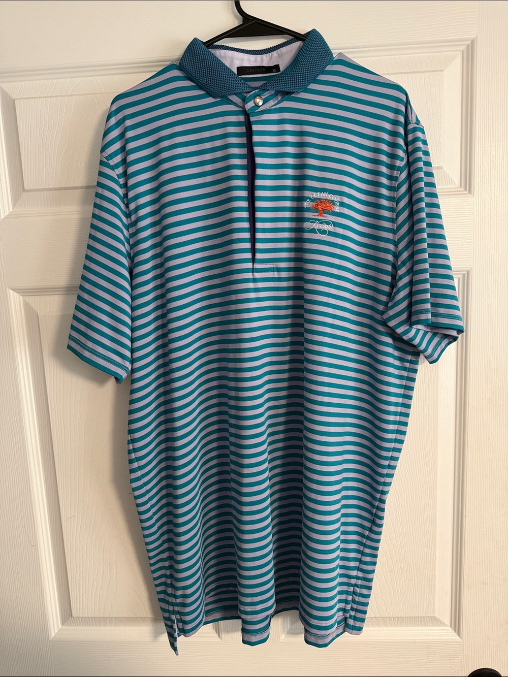 Greyson Men’s XL Kiawah The Ocean Course Polo Shirt Teal stripes